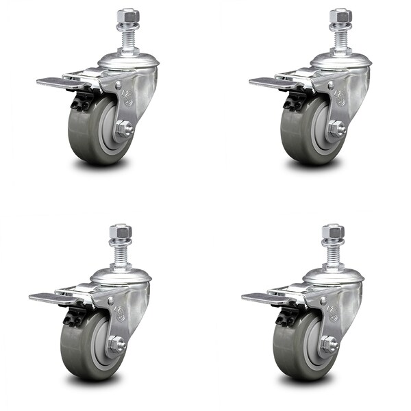 3.5 Inch Gray Polyurethane Swivel 12mm Stem Caster Set with Total Lock Brake